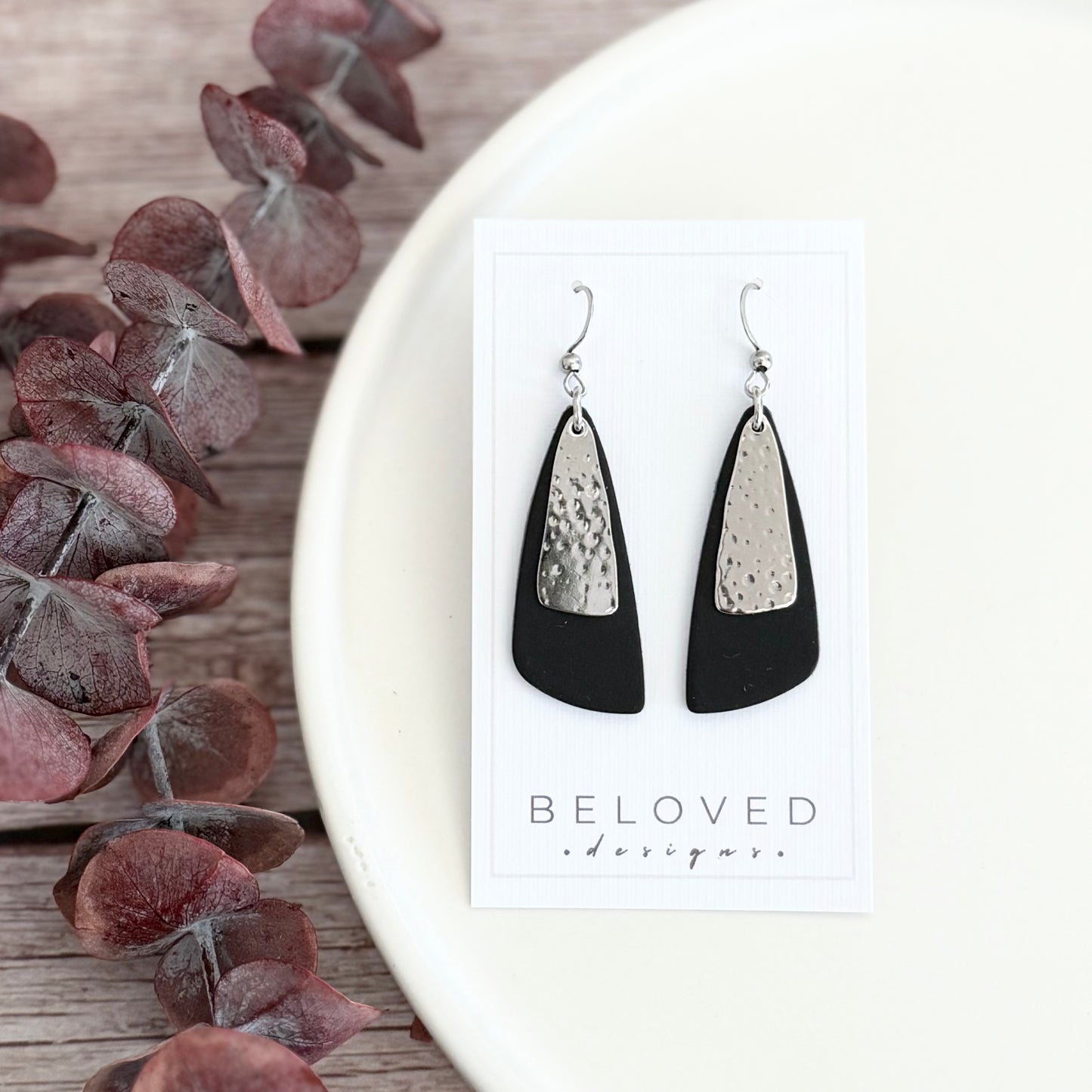 Leather Drop Leaf + Hammered Rhodium Earrings | Black