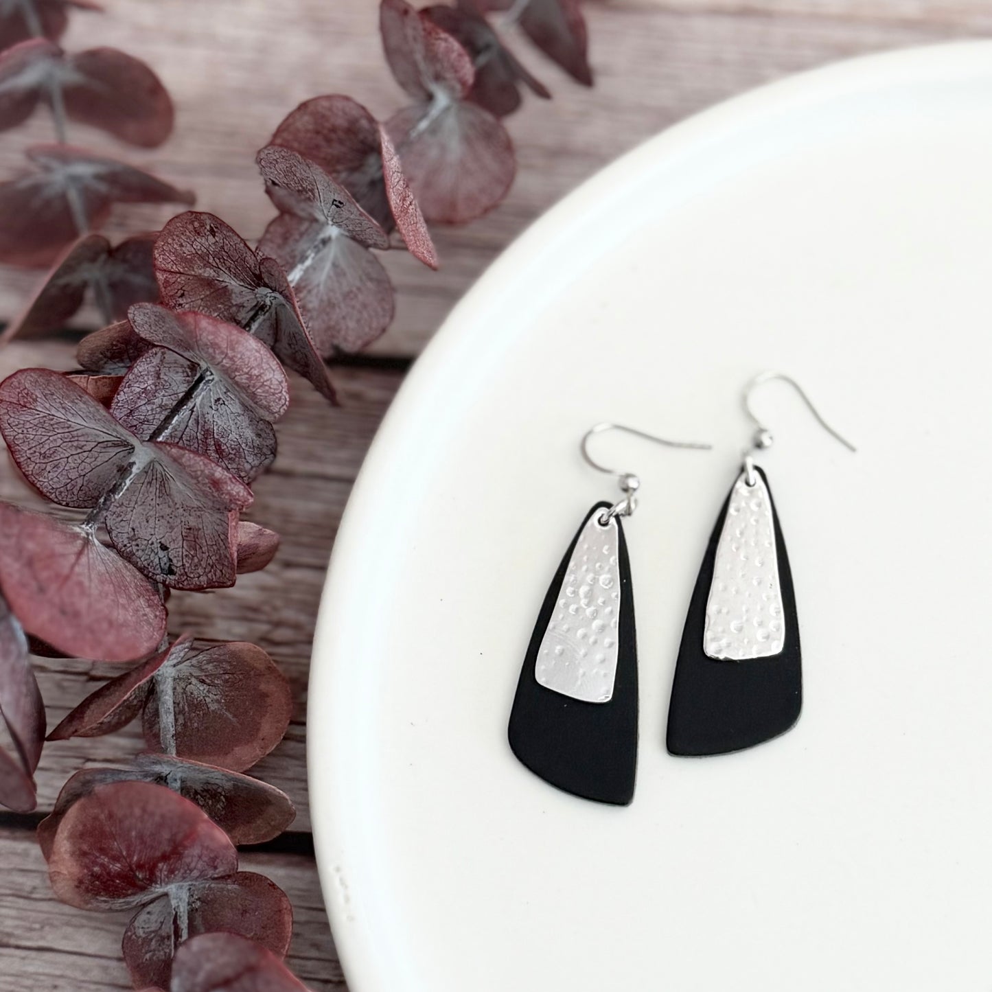 Leather Drop Leaf + Hammered Rhodium Earrings | Black