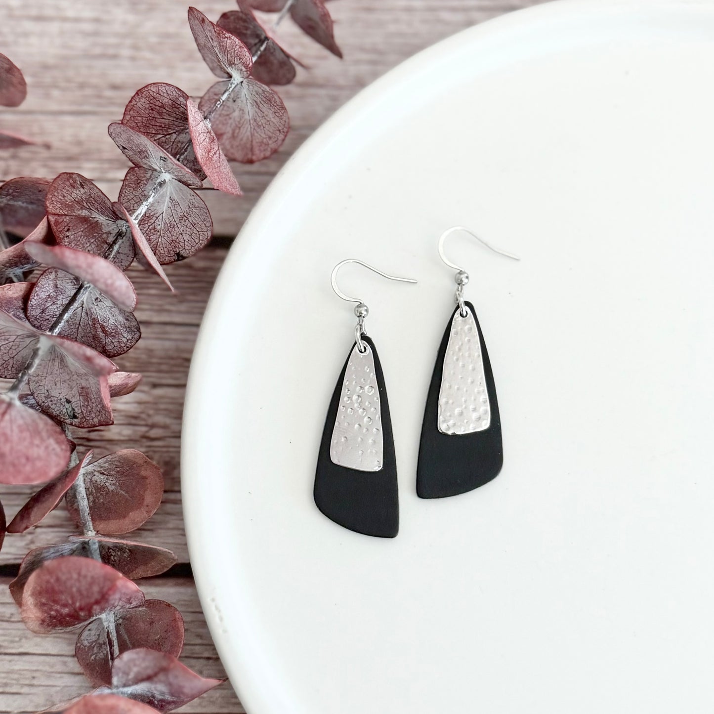 Leather Drop Leaf + Hammered Rhodium Earrings | Black