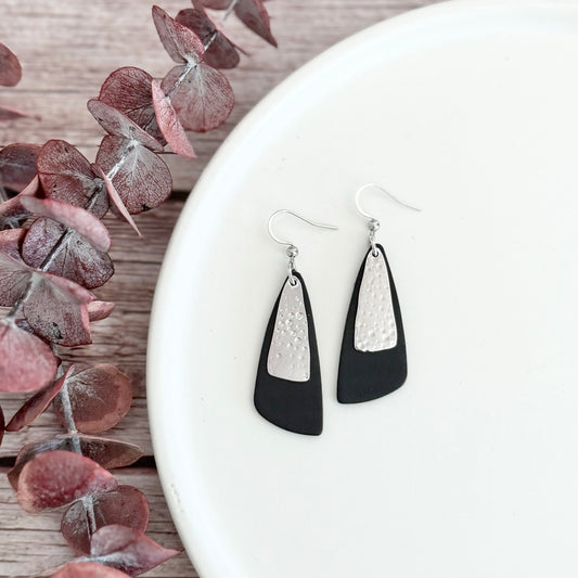 Leather Drop Leaf + Hammered Rhodium Earrings | Black