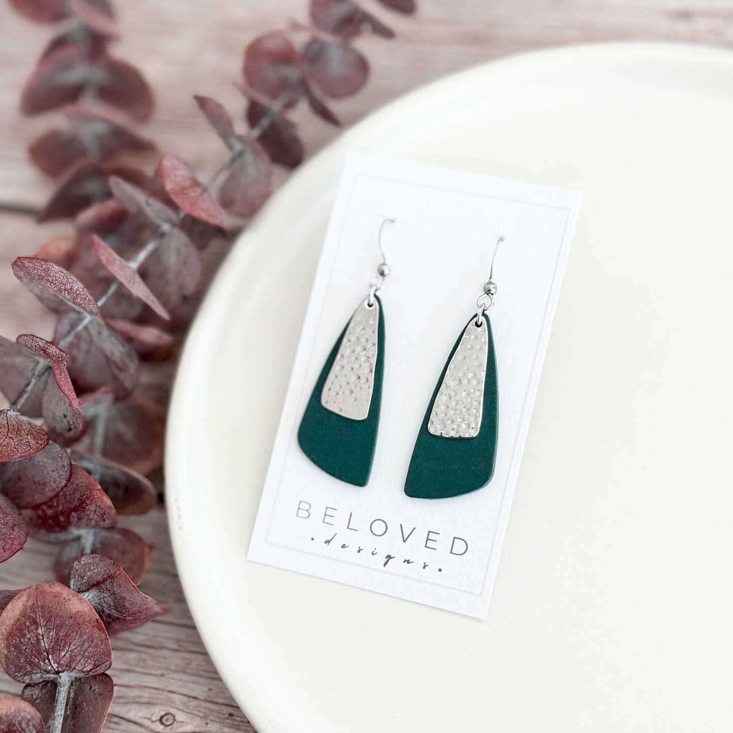 Leather Drop Leaf + Hammered Rhodium Earrings | Teal