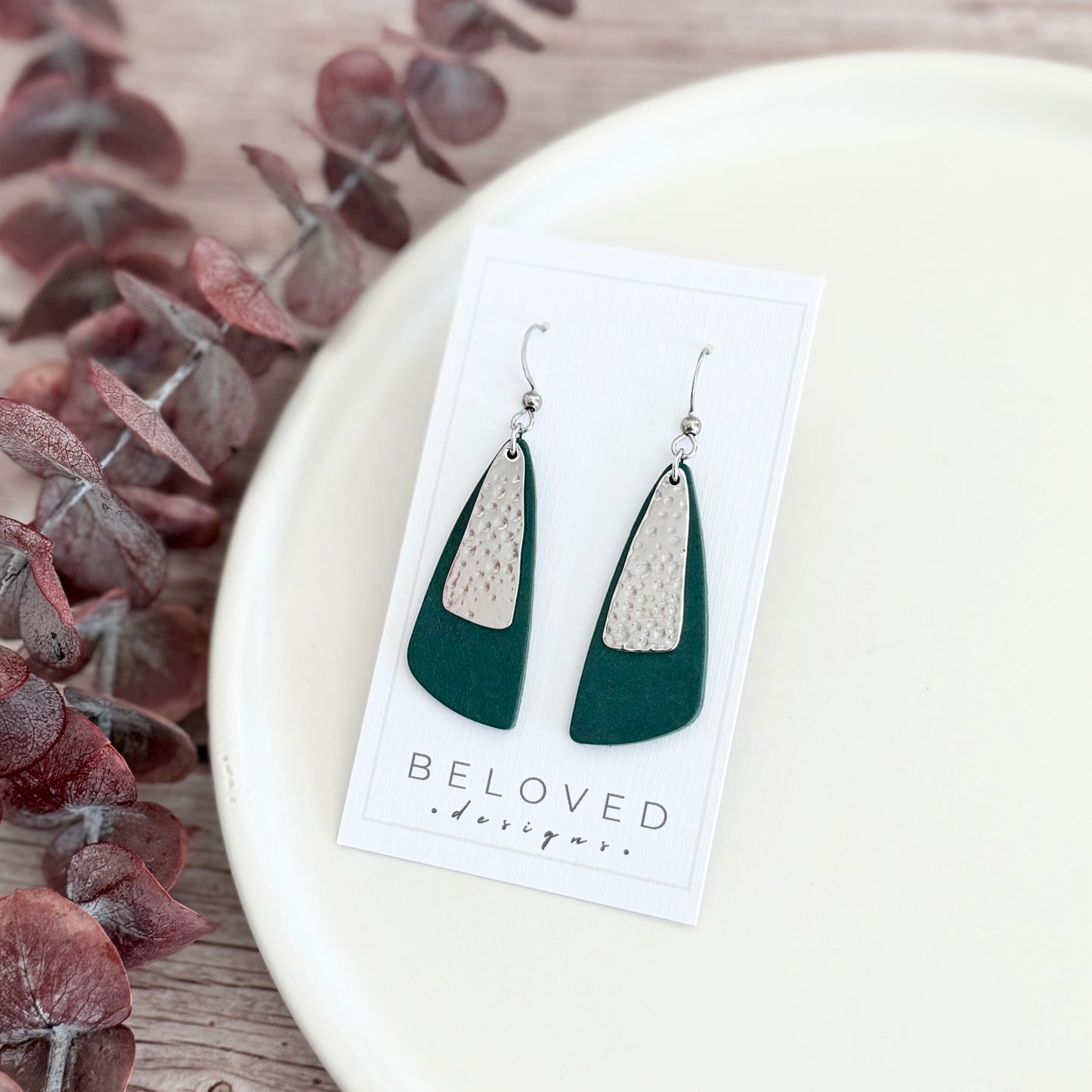 Leather Drop Leaf + Hammered Rhodium Earrings | Teal