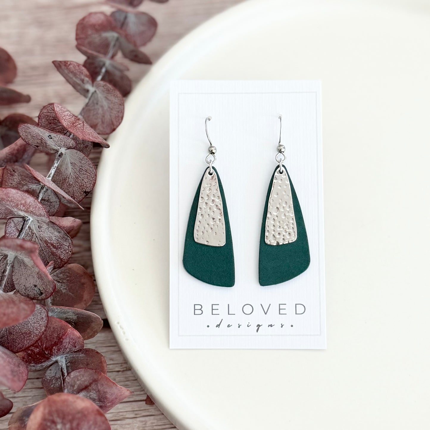 Leather Drop Leaf + Hammered Rhodium Earrings | Teal