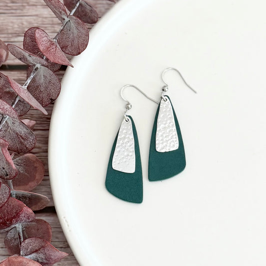 Leather Drop Leaf + Hammered Rhodium Earrings | Teal