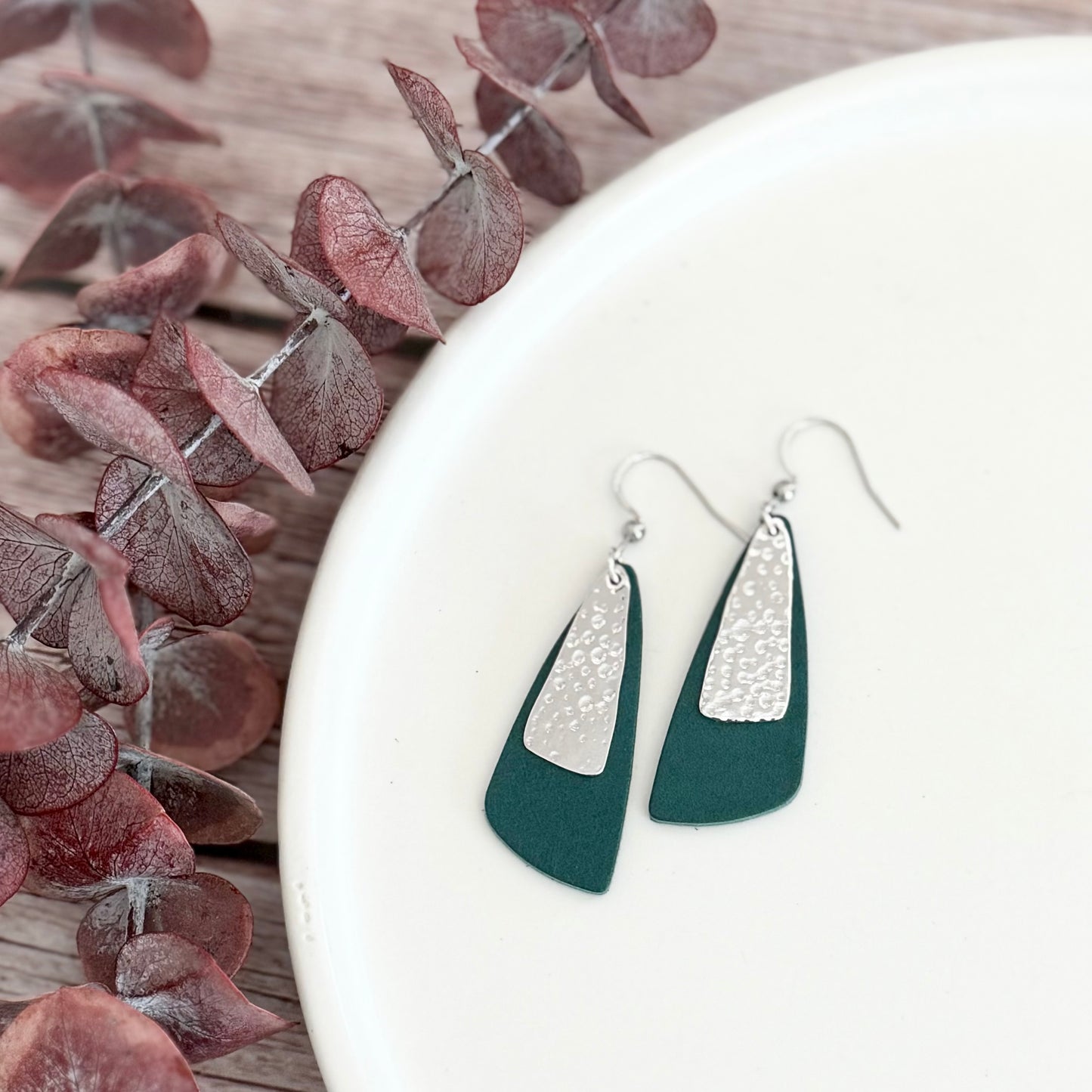 Leather Drop Leaf + Hammered Rhodium Earrings | Teal