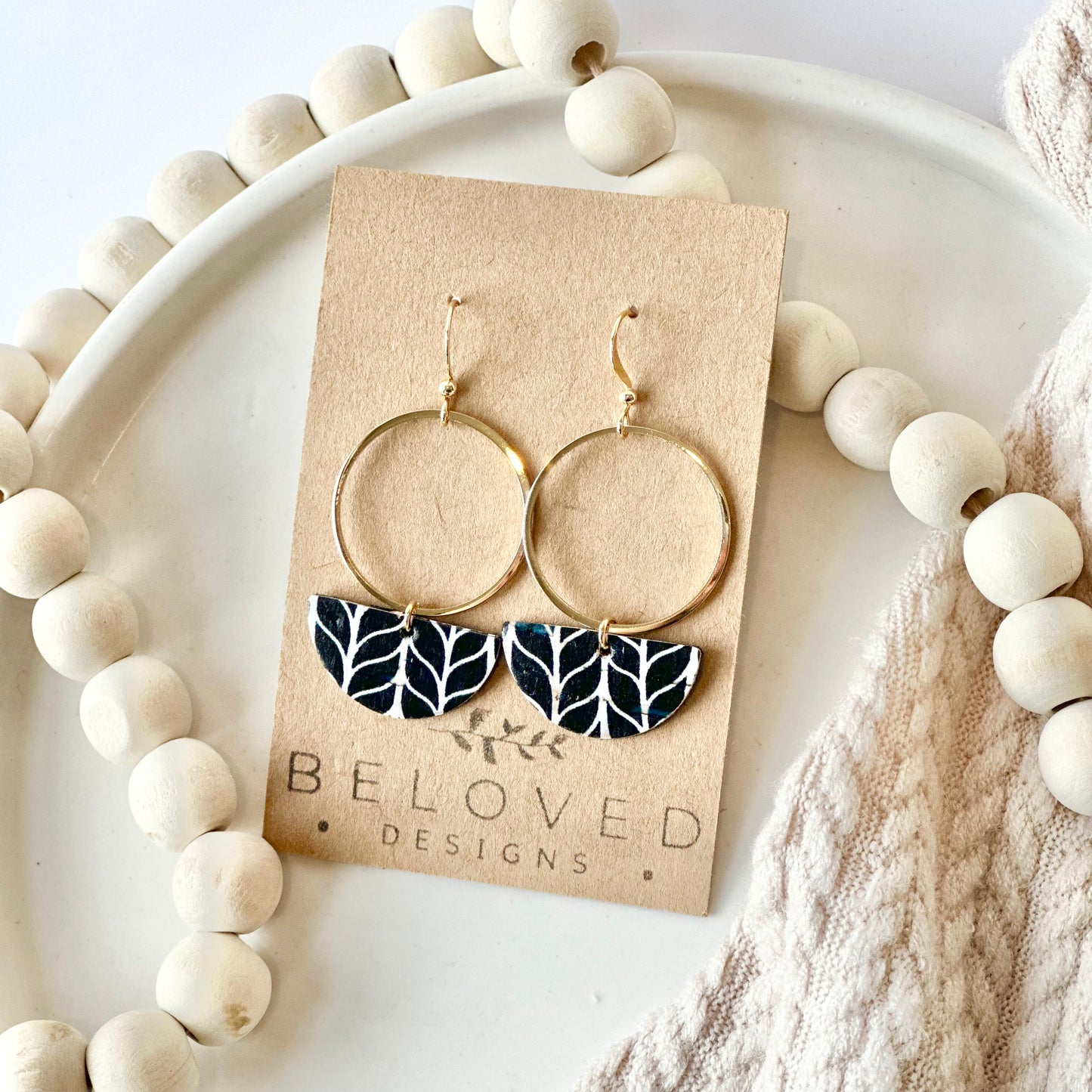 Black and White Chevron Cork Leather Half Circle + Hoop Earrings