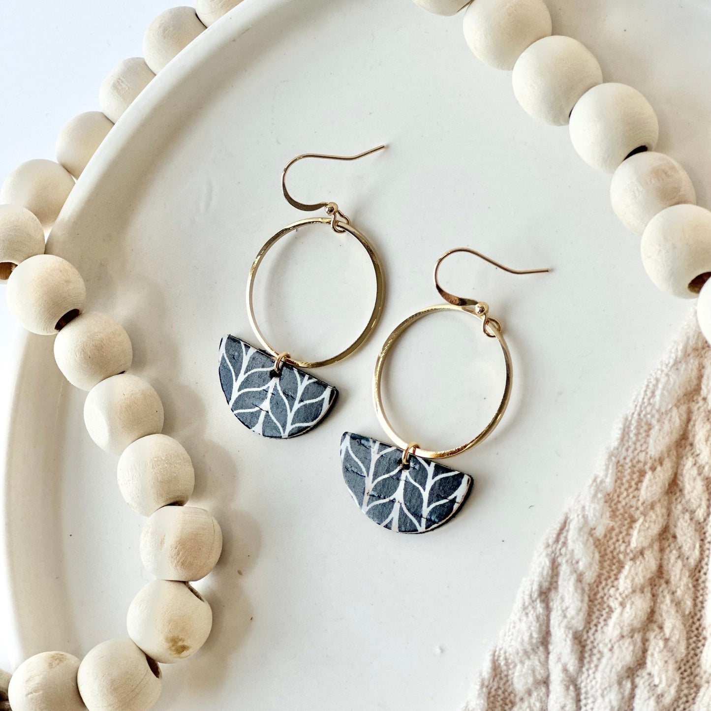 Black and White Chevron Cork Leather Half Circle + Hoop Earrings