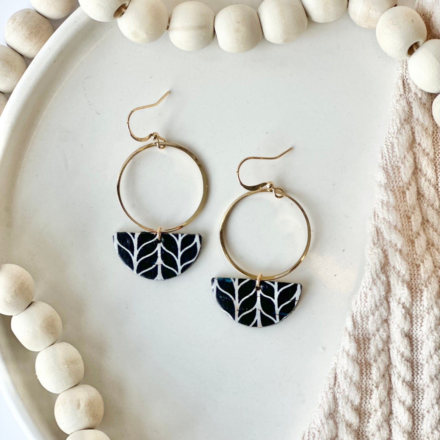 Black and White Chevron Cork Leather Half Circle + Hoop Earrings