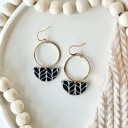 Black and White Chevron Cork Leather Half Circle + Hoop Earrings