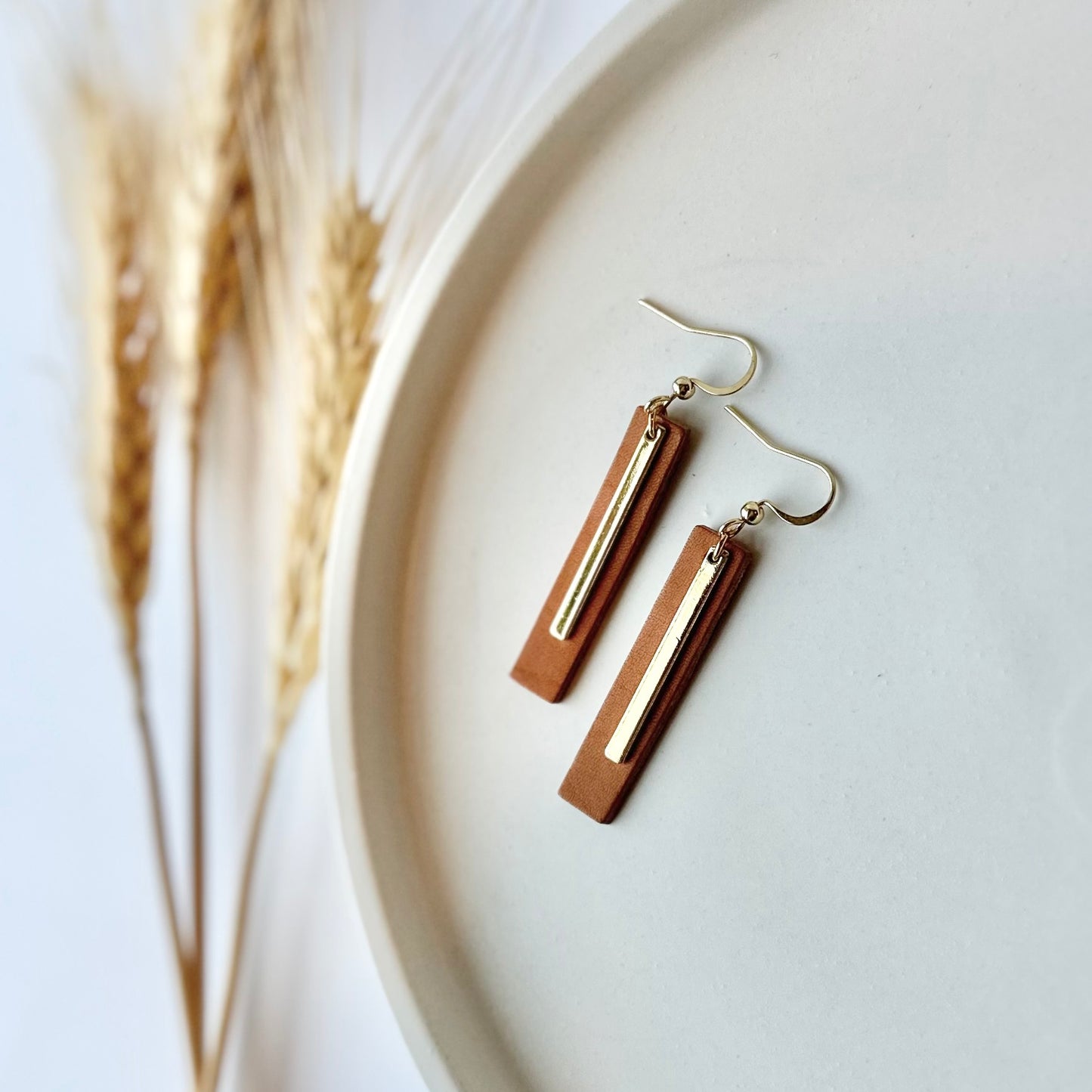 Leather Bar + Gold Bar Earrings | Natural