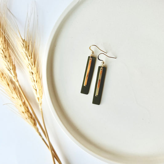 Leather Bar + Gold Bar Earrings | Olive