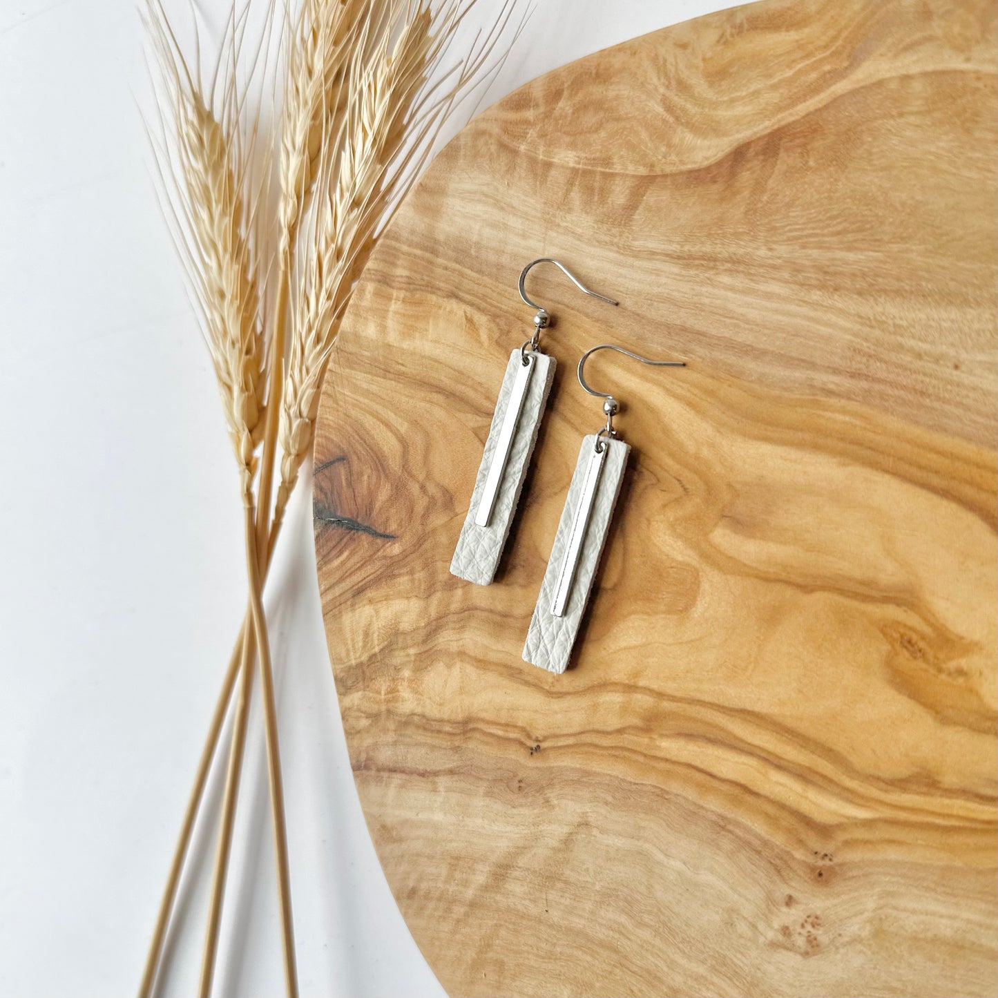 Leather Bar + Rhodium Bar Earrings | White