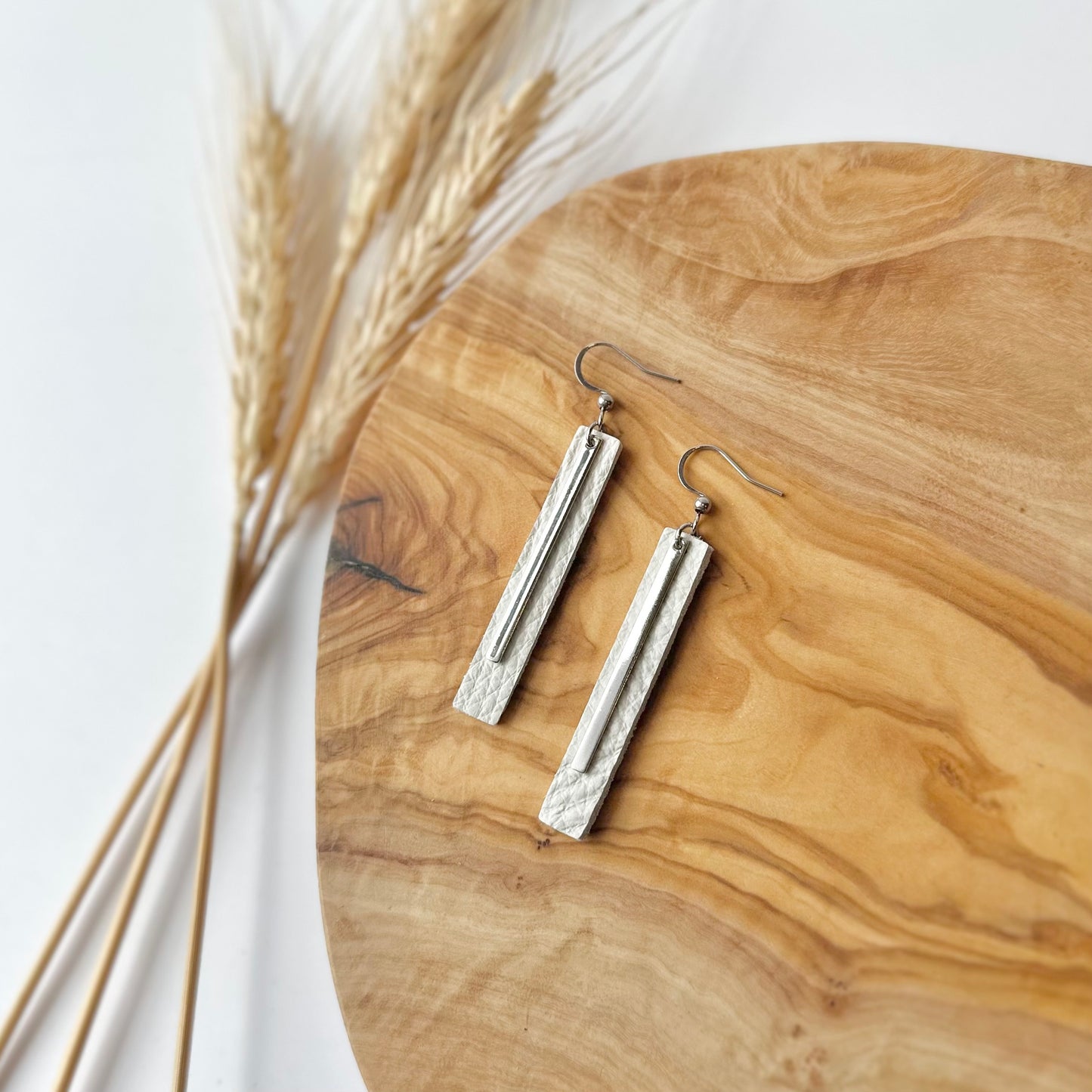 Leather Bar + Rhodium Bar Earrings | White