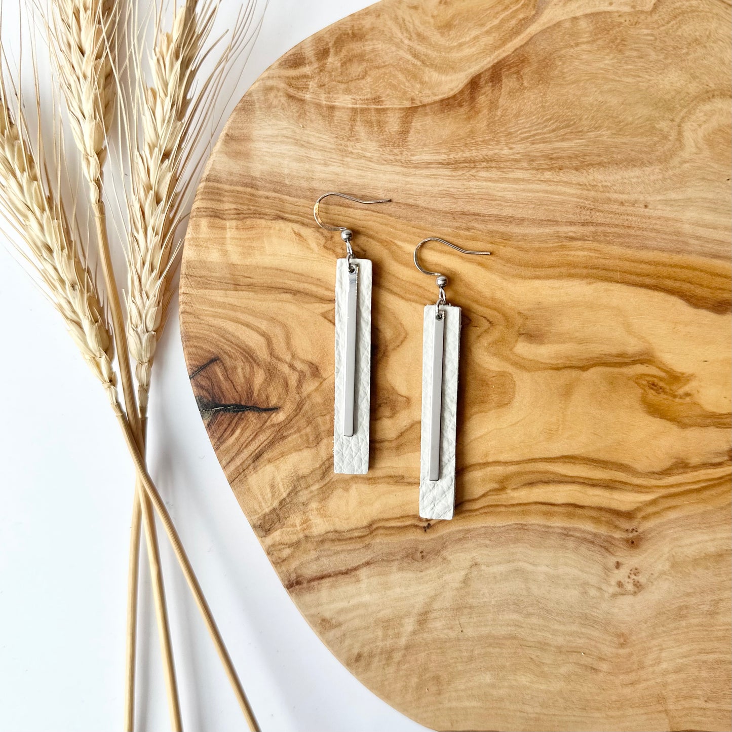 Leather Bar + Rhodium Bar Earrings | White
