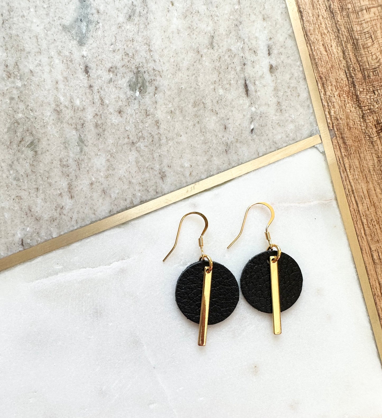Leather Circle + Gold Bar Earrings | Black