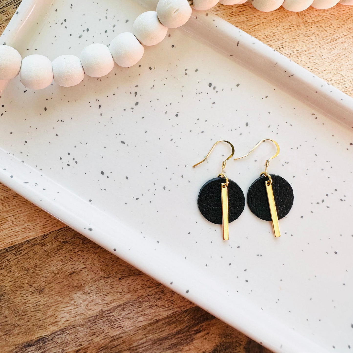 Leather Circle + Gold Bar Earrings | Black