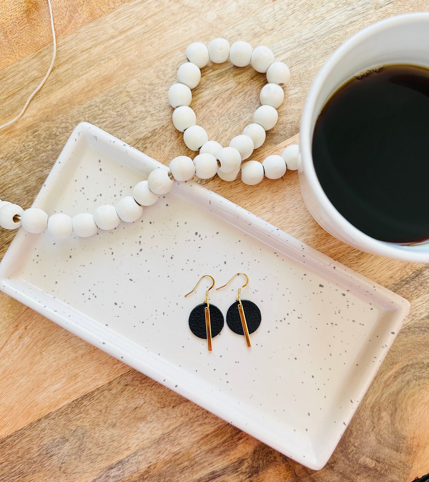 Leather Circle + Gold Bar Earrings | Black