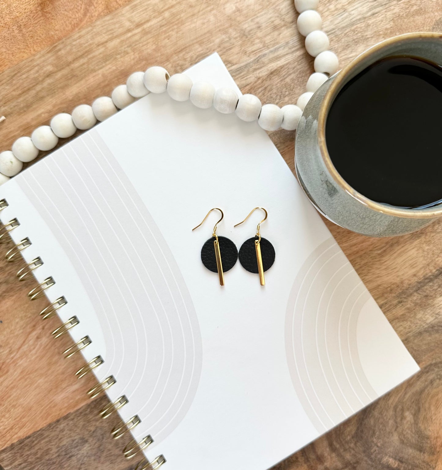 Leather Circle + Gold Bar Earrings | Black