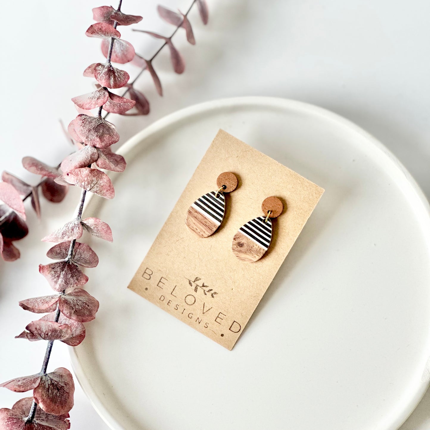 B + W Resin + Wood Teardrop + Wood Stud Earrings