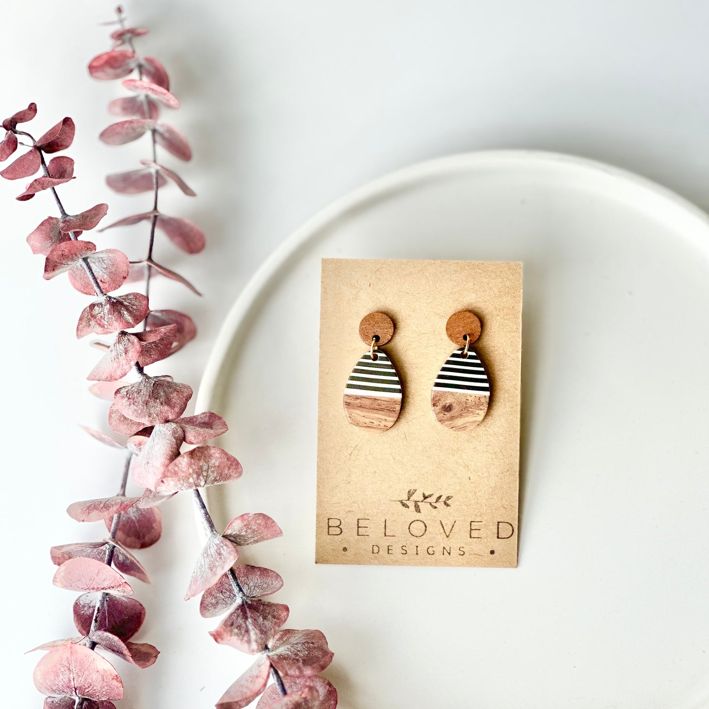 B + W Resin + Wood Teardrop + Wood Stud Earrings