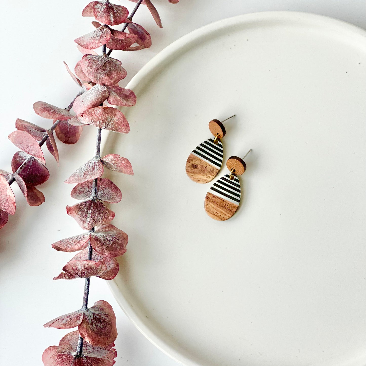 B + W Resin + Wood Teardrop + Wood Stud Earrings