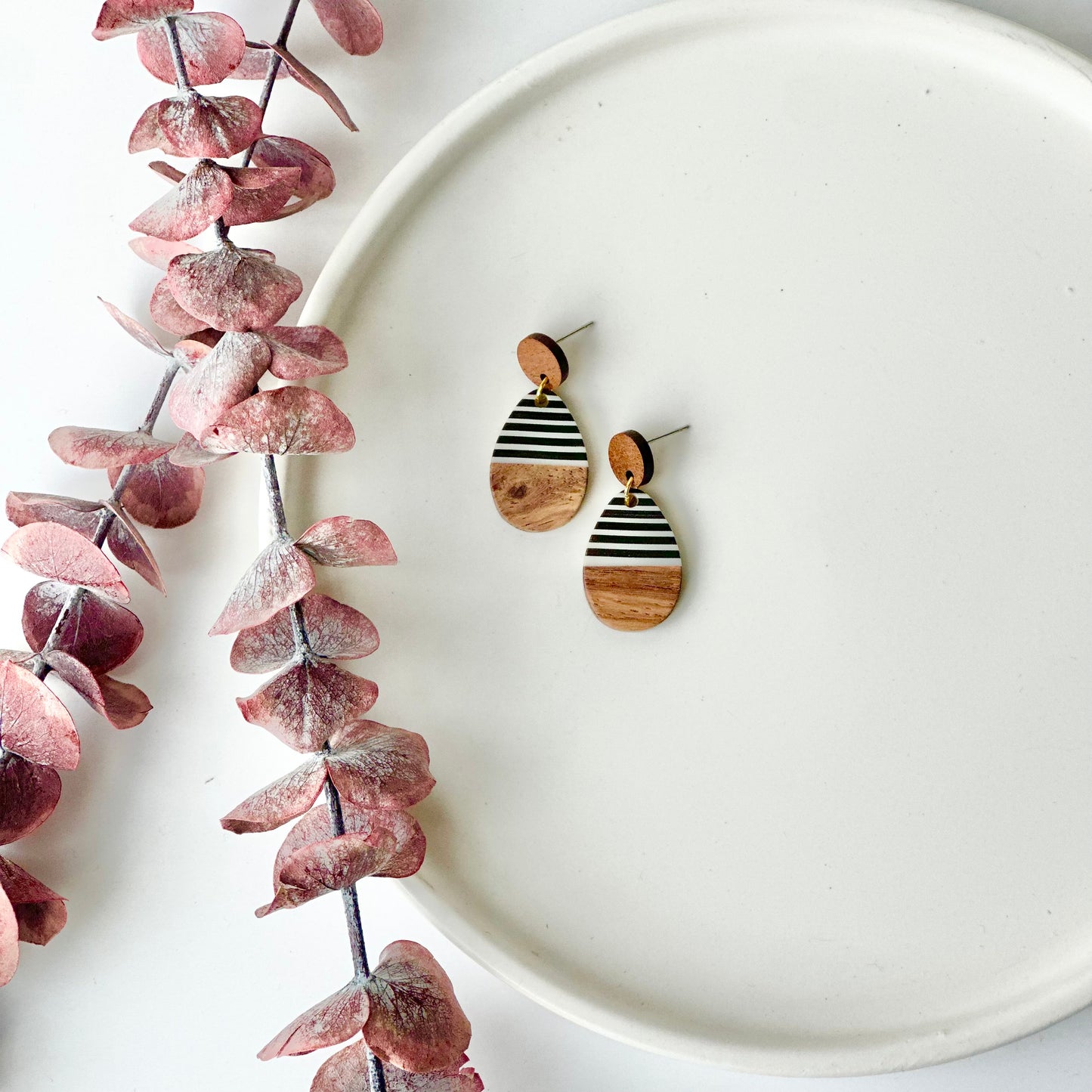 B + W Resin + Wood Teardrop + Wood Stud Earrings