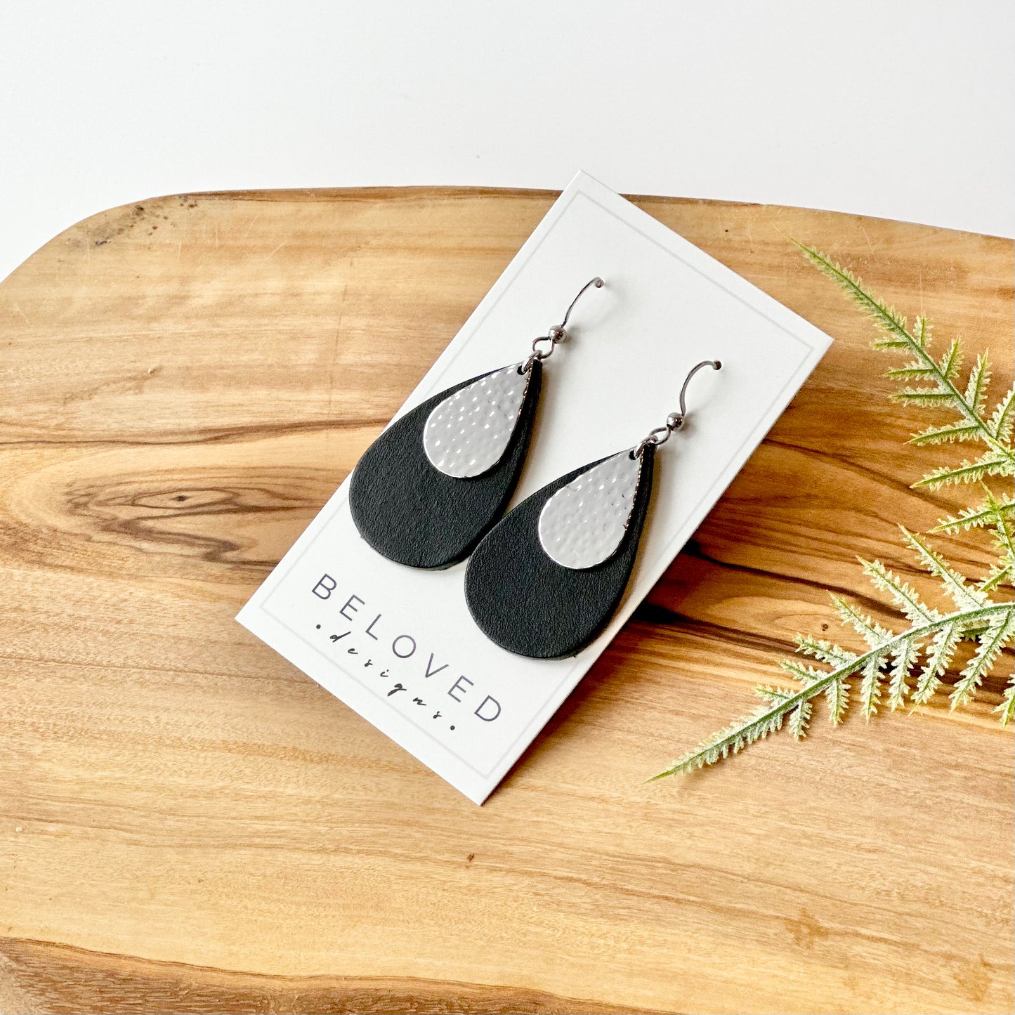Leather Teardrop + Hammered Rhodium Earrings | Black
