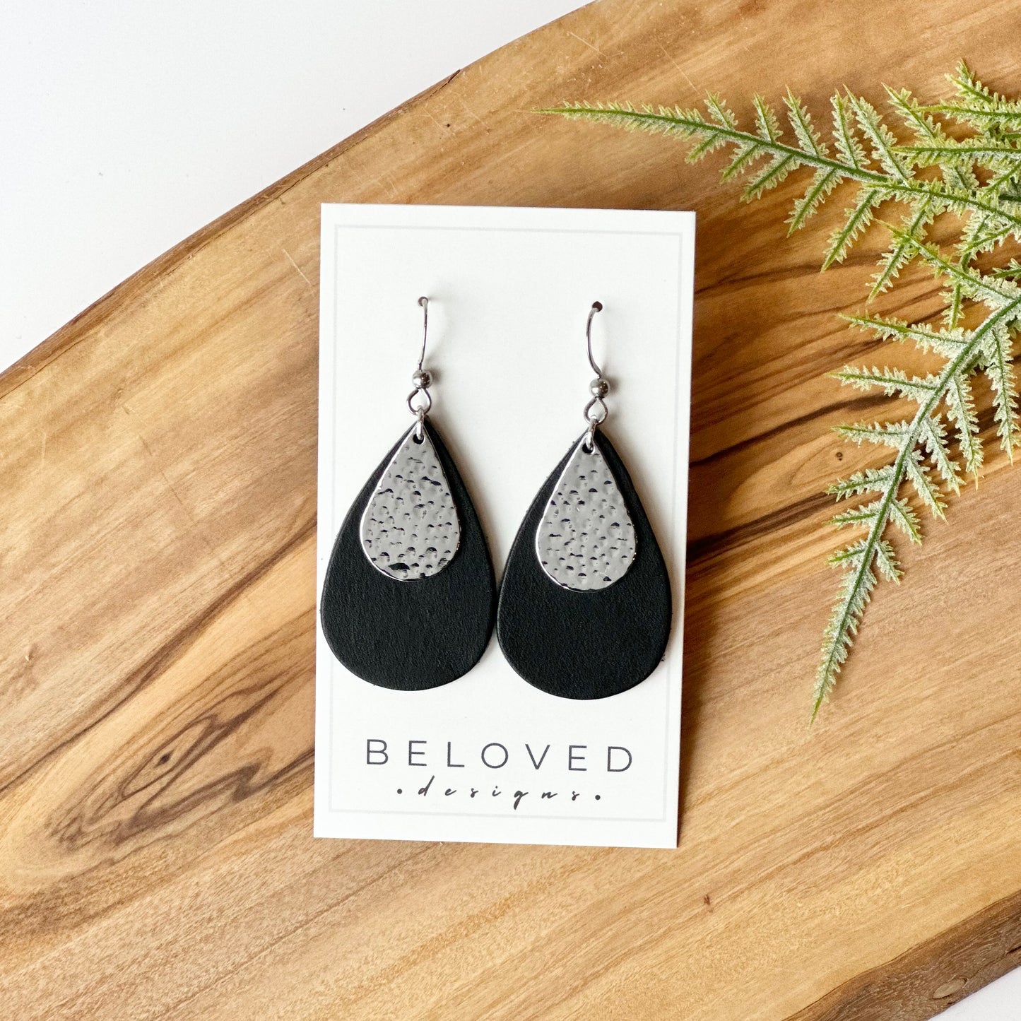 Leather Teardrop + Hammered Rhodium Earrings | Black