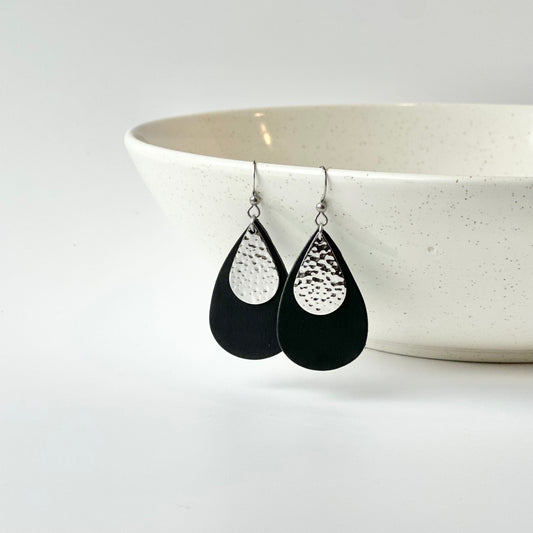 Leather Teardrop + Hammered Rhodium Earrings | Black