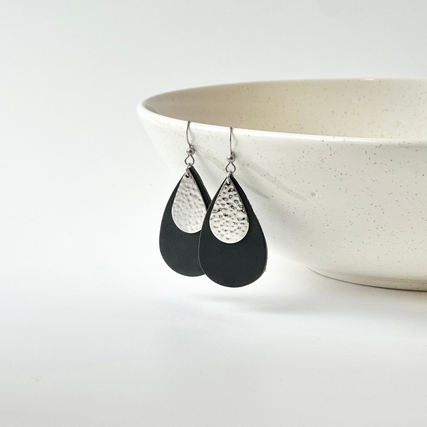 Leather Teardrop + Hammered Rhodium Earrings | Black
